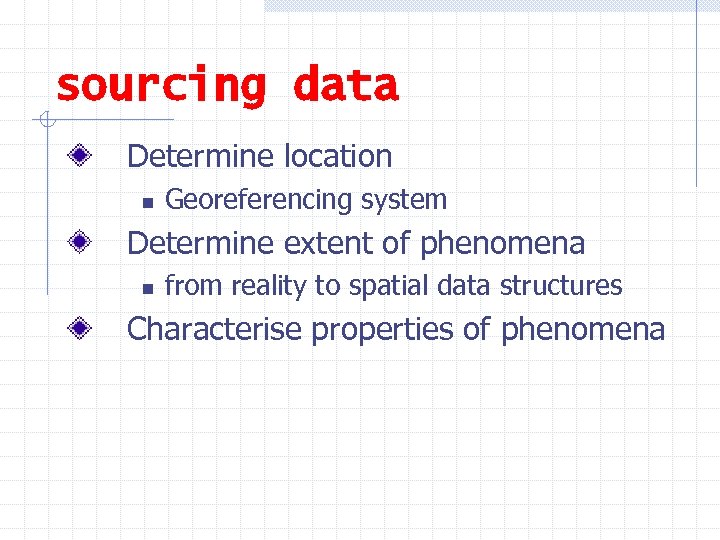 sourcing data Determine location n Georeferencing system Determine extent of phenomena n from reality