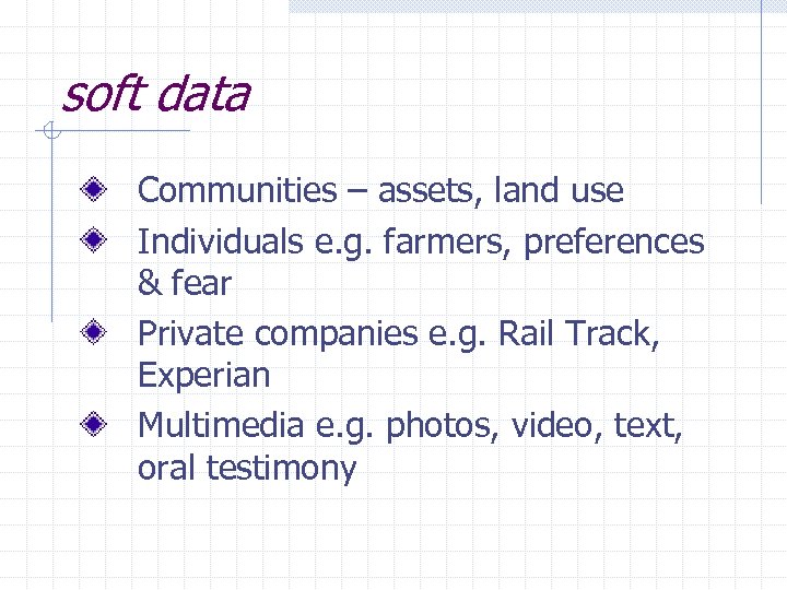 soft data Communities – assets, land use Individuals e. g. farmers, preferences & fear