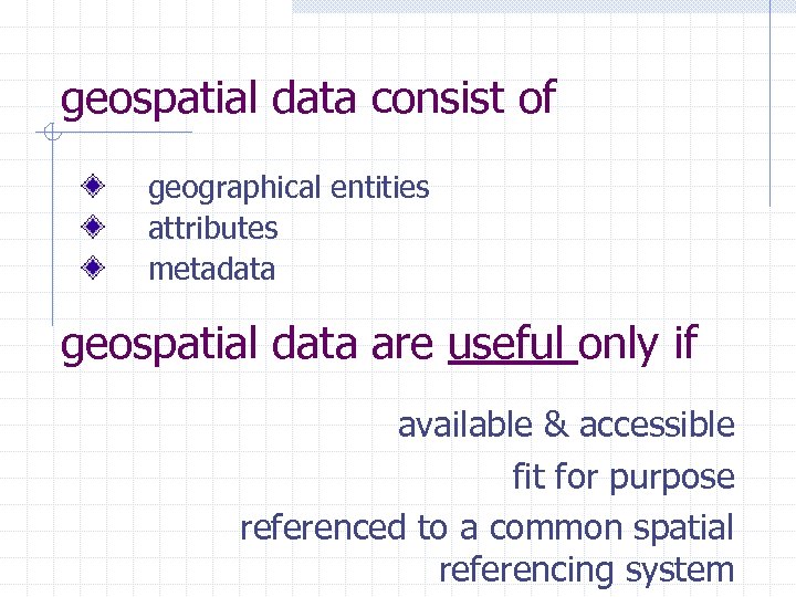 geospatial data consist of geographical entities attributes metadata geospatial data are useful only if