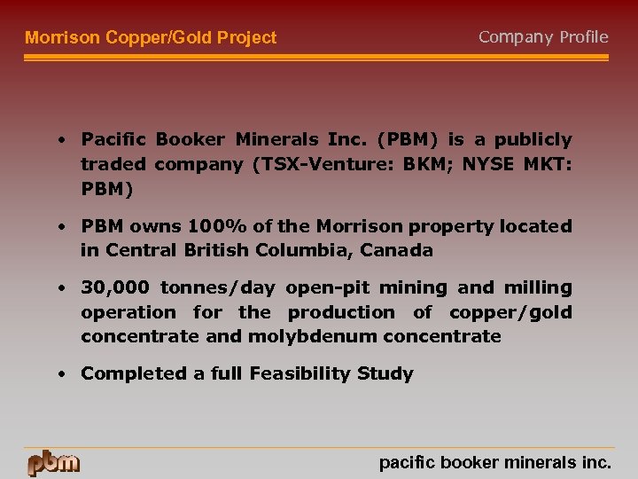 Company Profile Morrison Copper/Gold Project • Pacific Booker Minerals Inc. (PBM) is a publicly