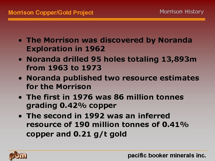 Morrison Copper/Gold Project Morrison History • The Morrison was discovered by Noranda Exploration in