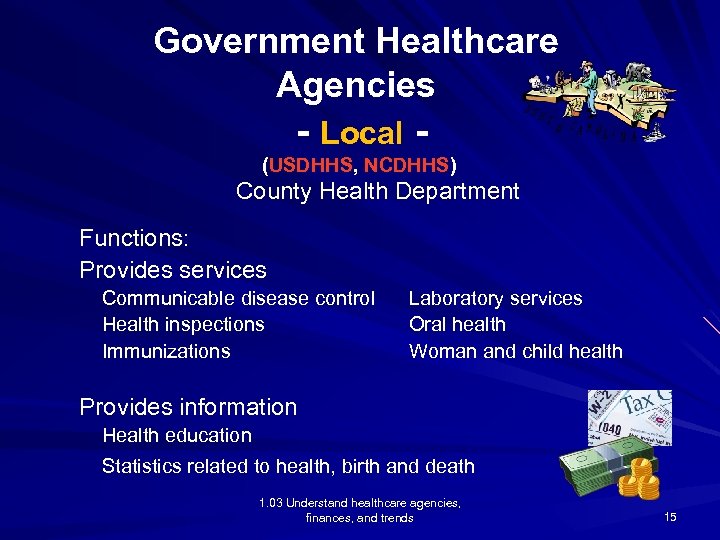 Government Healthcare Agencies - Local (USDHHS, NCDHHS) County Health Department Functions: Provides services Communicable