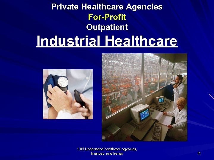 Private Healthcare Agencies For-Profit Outpatient Industrial Healthcare 1. 03 Understand healthcare agencies, finances, and