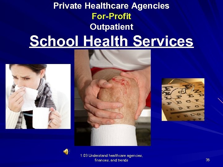 Private Healthcare Agencies For-Profit Outpatient School Health Services 1. 03 Understand healthcare agencies, finances,