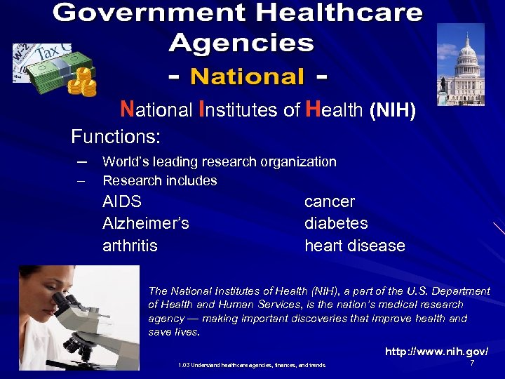  National Institutes of Health (NIH) Functions: – World’s leading research organization – Research