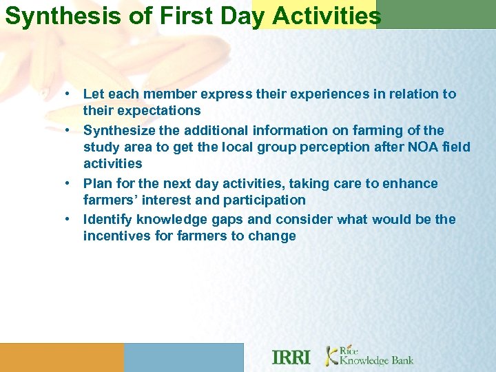 Synthesis of First Day Activities • Let each member express their experiences in relation