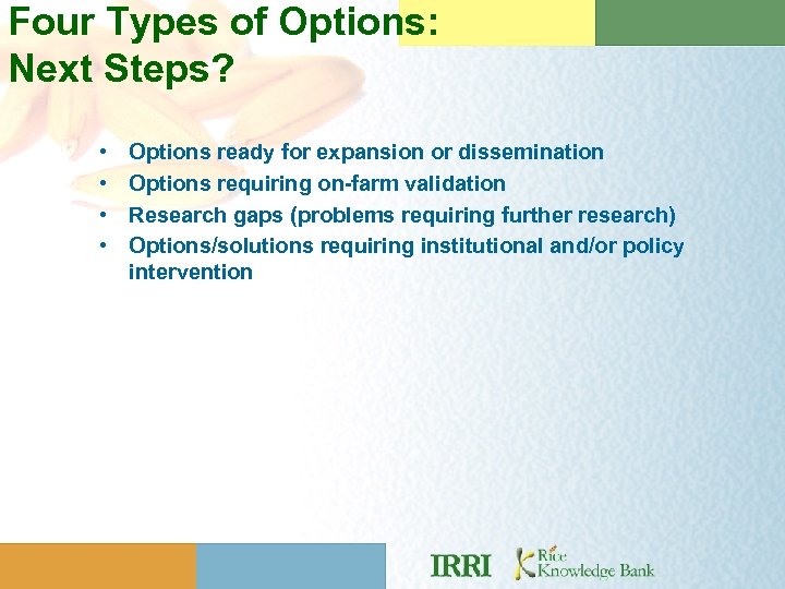 Four Types of Options: Next Steps? • • Options ready for expansion or dissemination