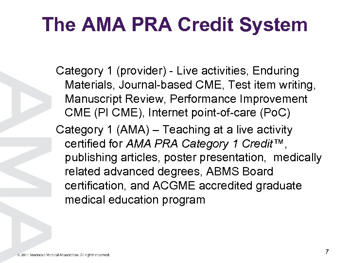 The AMA PRA Credit System Category 1 (provider) - Live activities, Enduring Materials, Journal-based