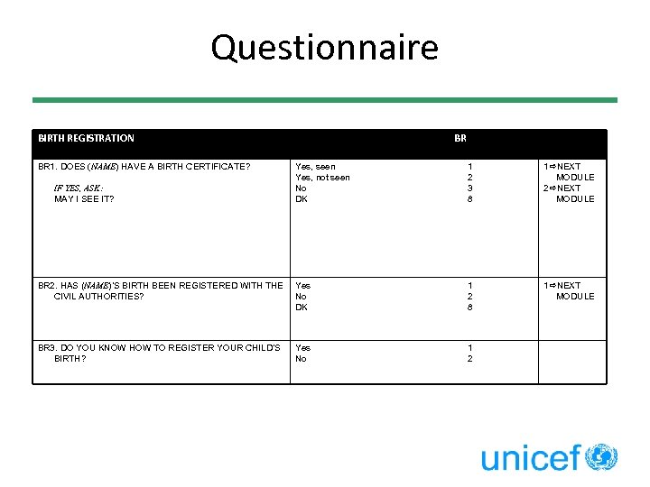 Questionnaire BIRTH REGISTRATION BR 1. DOES (NAME) HAVE A BIRTH CERTIFICATE? BR Yes, seen
