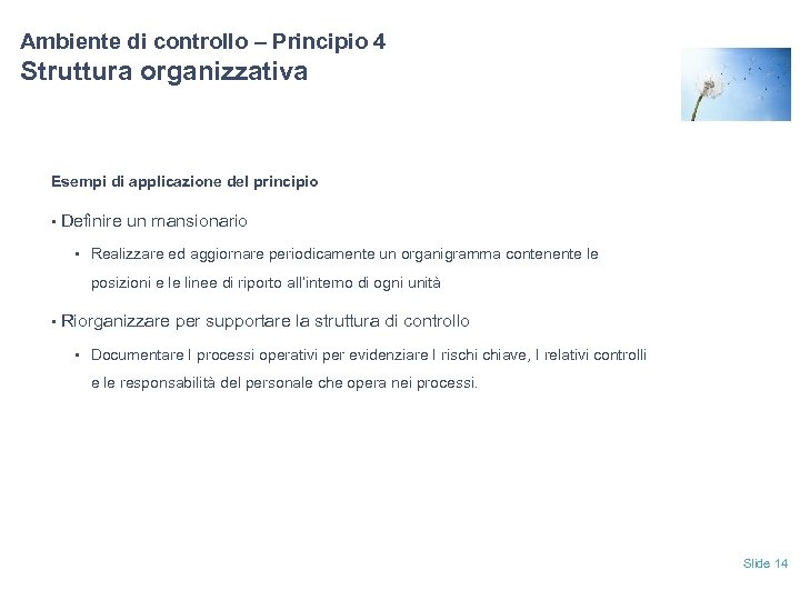 Ambiente di controllo – Principio 4 Struttura organizzativa Esempi di applicazione del principio •