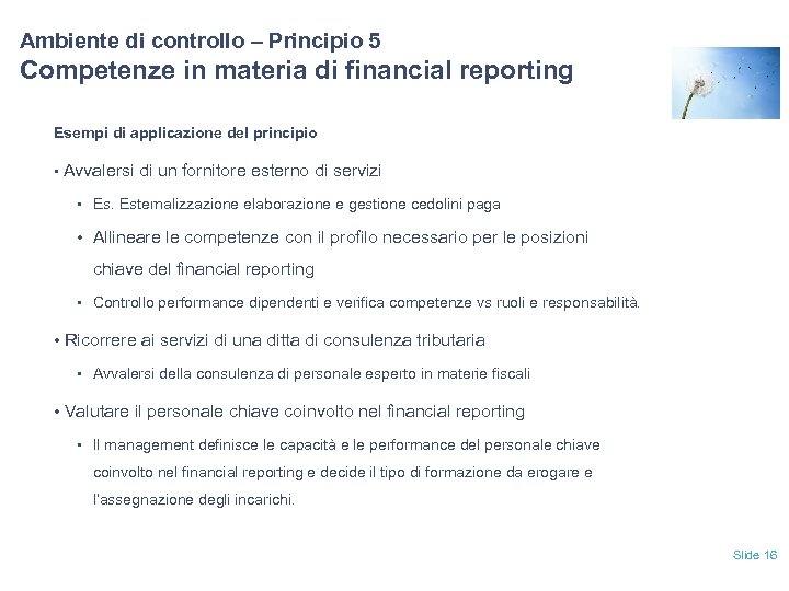 Ambiente di controllo – Principio 5 Competenze in materia di financial reporting Esempi di