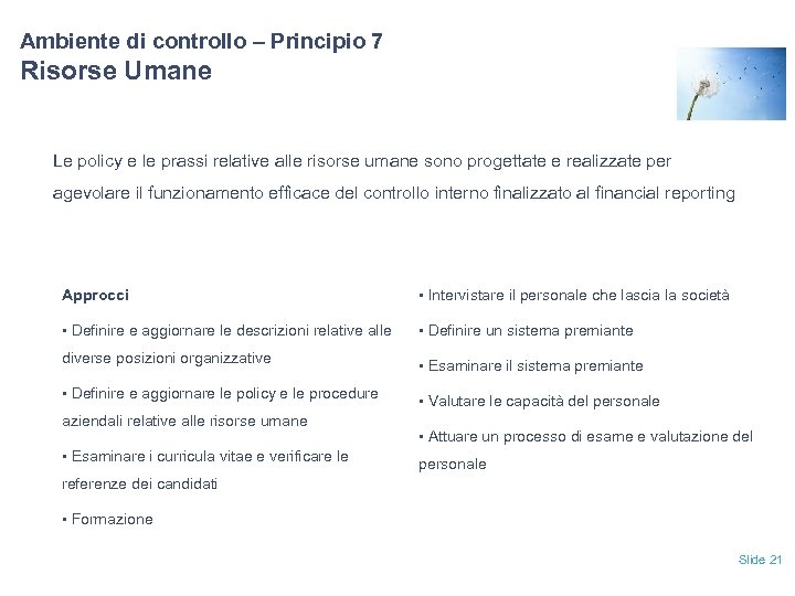 Ambiente di controllo – Principio 7 Risorse Umane Le policy e le prassi relative