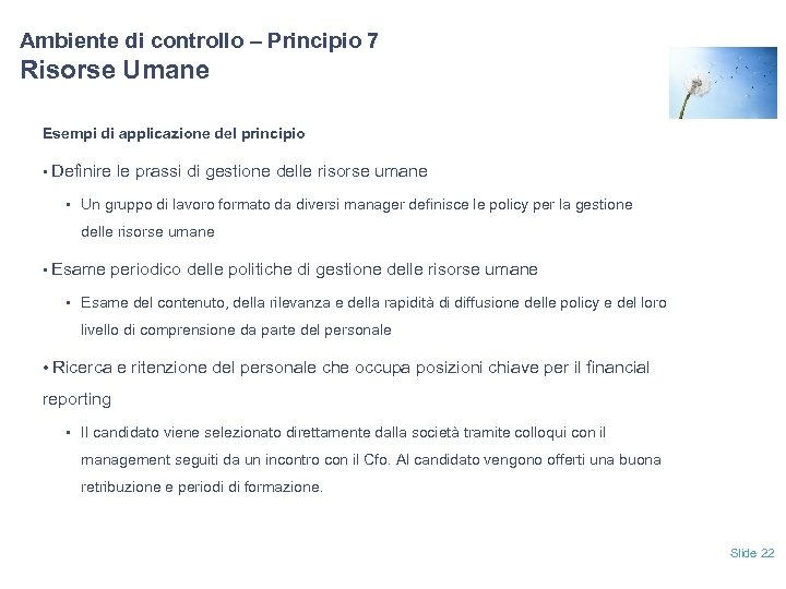 Ambiente di controllo – Principio 7 Risorse Umane Esempi di applicazione del principio •