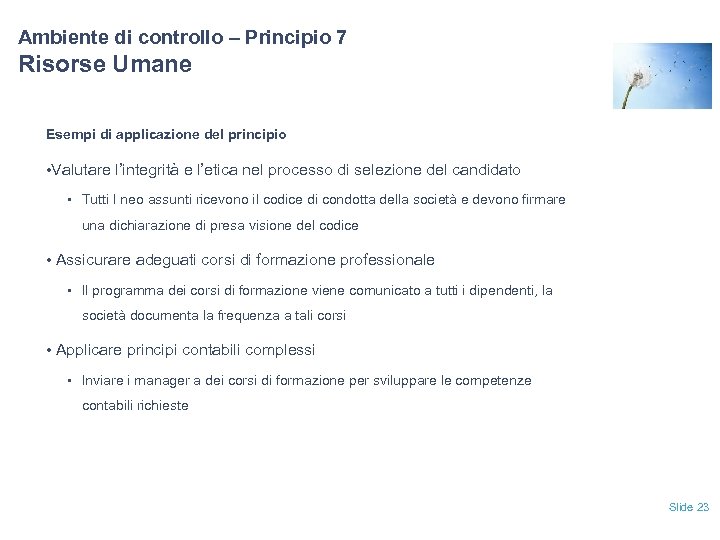 Ambiente di controllo – Principio 7 Risorse Umane Esempi di applicazione del principio •