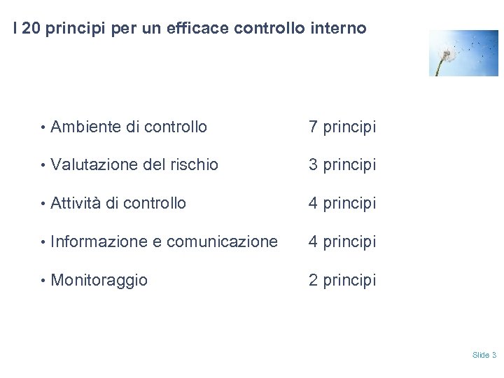 I 20 principi per un efficace controllo interno • Ambiente di controllo 7 principi
