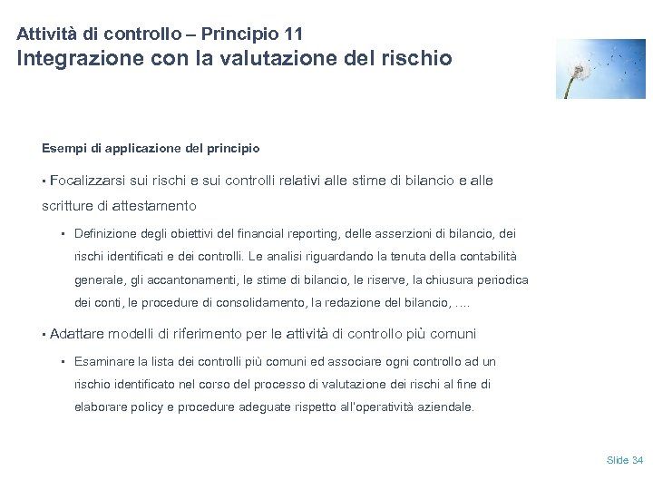 Attività di controllo – Principio 11 Integrazione con la valutazione del rischio Esempi di