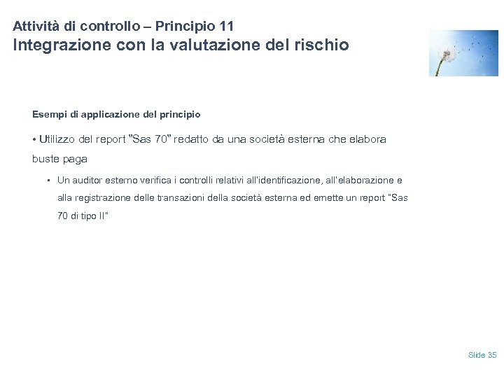 Attività di controllo – Principio 11 Integrazione con la valutazione del rischio Esempi di