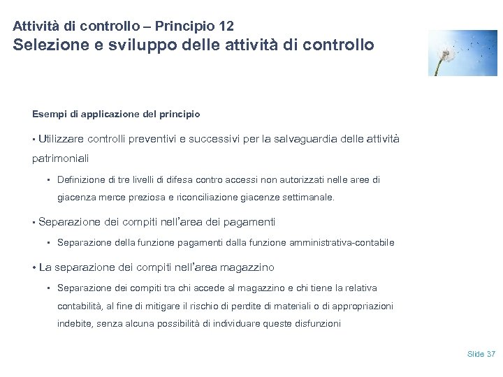 Attività di controllo – Principio 12 Selezione e sviluppo delle attività di controllo Esempi