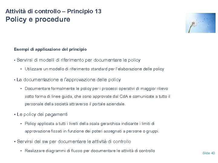 Attività di controllo – Principio 13 Policy e procedure Esempi di applicazione del principio