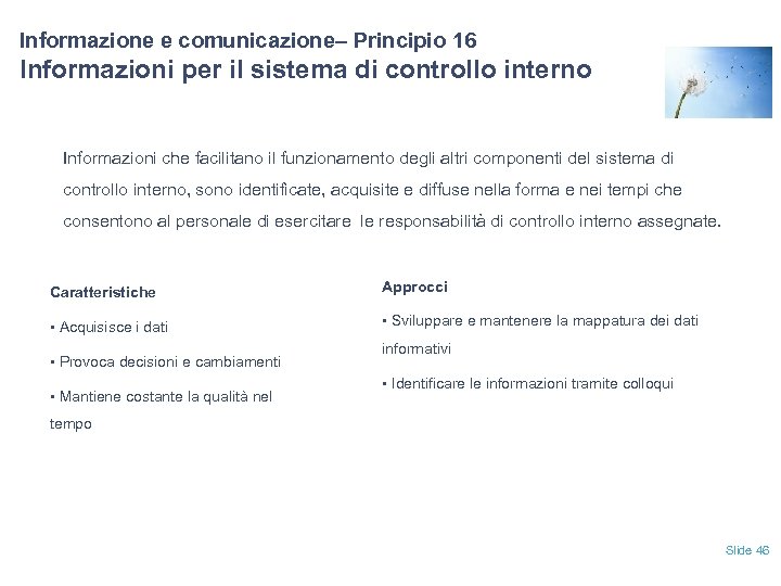 Informazione e comunicazione– Principio 16 Informazioni per il sistema di controllo interno Informazioni che