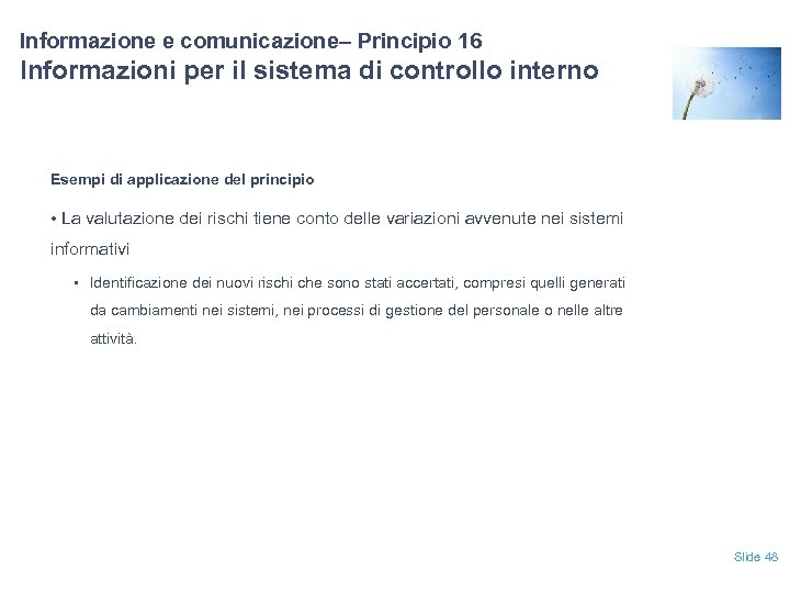 Informazione e comunicazione– Principio 16 Informazioni per il sistema di controllo interno Esempi di