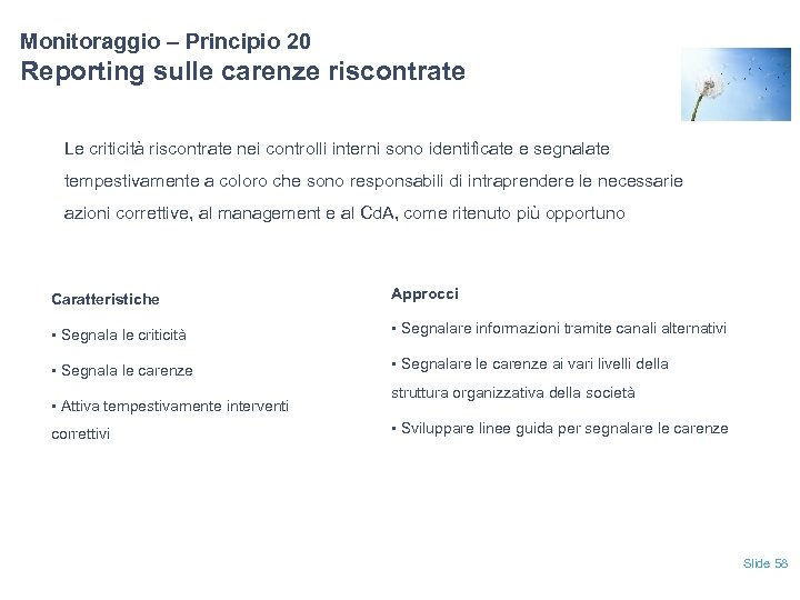 Monitoraggio – Principio 20 Reporting sulle carenze riscontrate Le criticità riscontrate nei controlli interni