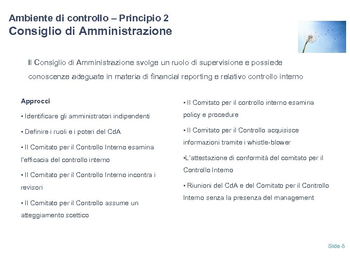 Ambiente di controllo – Principio 2 Consiglio di Amministrazione Il Consiglio di Amministrazione svolge