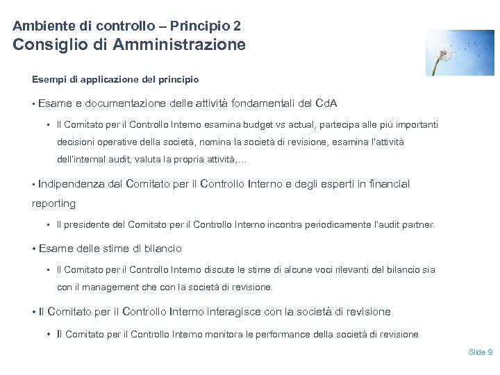 Ambiente di controllo – Principio 2 Consiglio di Amministrazione Esempi di applicazione del principio
