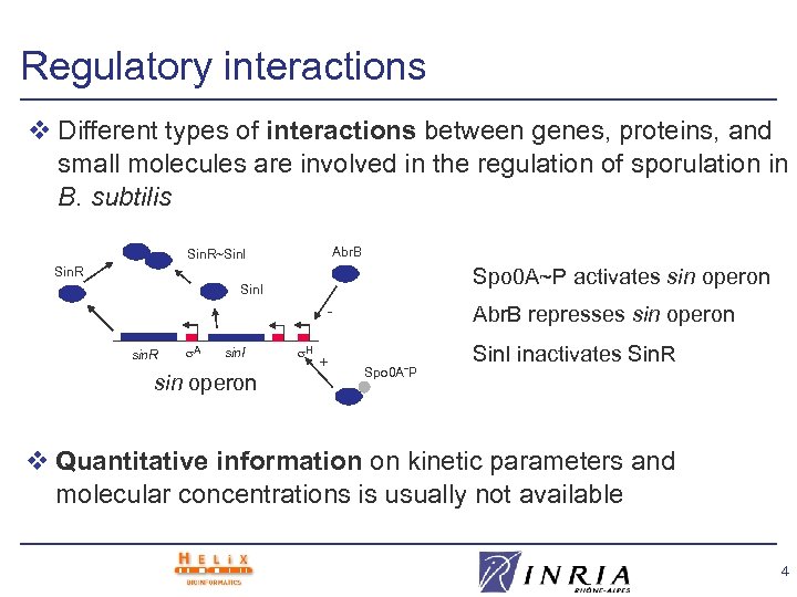 Regulatory interactions v Different types of interactions between genes, proteins, and small molecules are