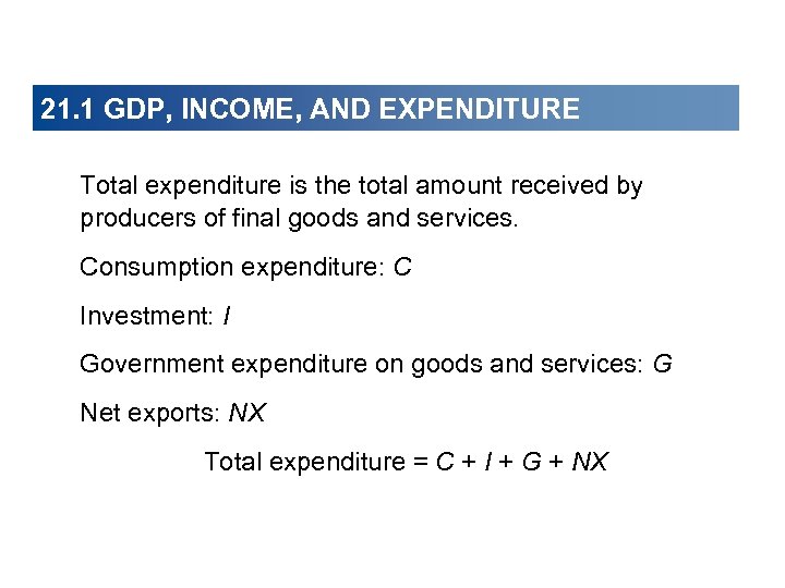 21. 1 GDP, INCOME, AND EXPENDITURE Total expenditure is the total amount received by