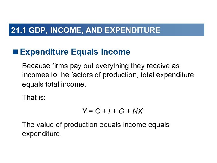 21. 1 GDP, INCOME, AND EXPENDITURE <Expenditure Equals Income Because firms pay out everything