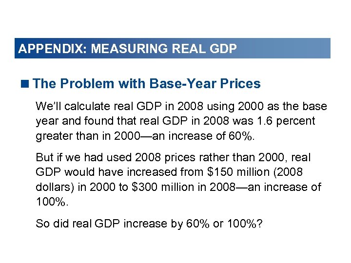 APPENDIX: MEASURING REAL GDP <The Problem with Base-Year Prices We’ll calculate real GDP in