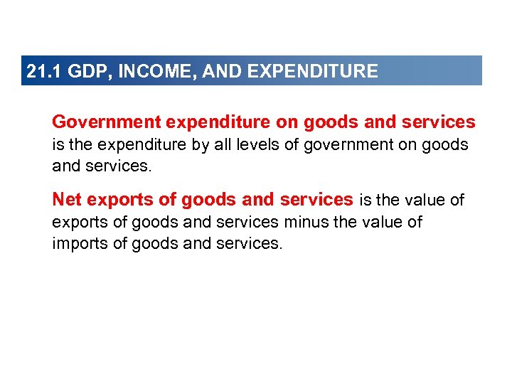 21. 1 GDP, INCOME, AND EXPENDITURE Government expenditure on goods and services is the