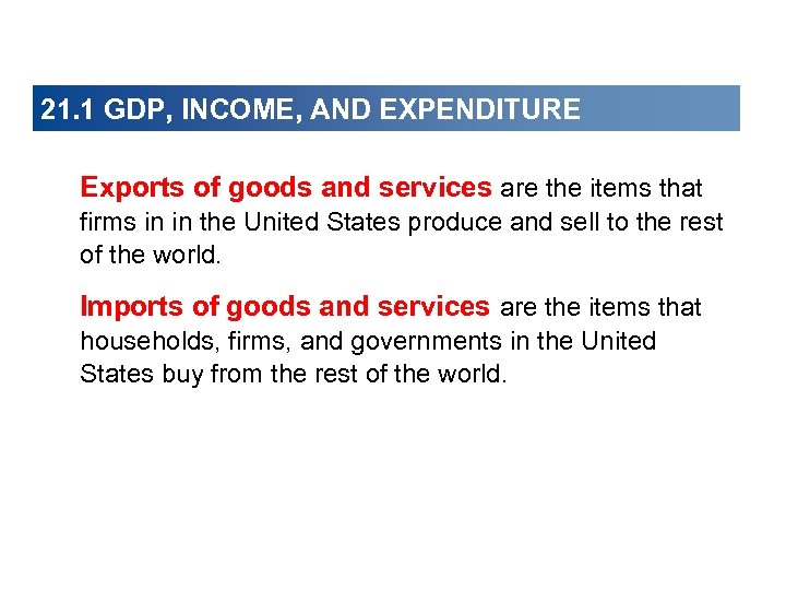 21. 1 GDP, INCOME, AND EXPENDITURE Exports of goods and services are the items