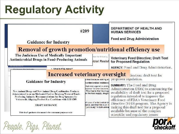 Regulatory Activity Removal of growth promotion/nutritional efficiency use Increased veterinary oversight 
