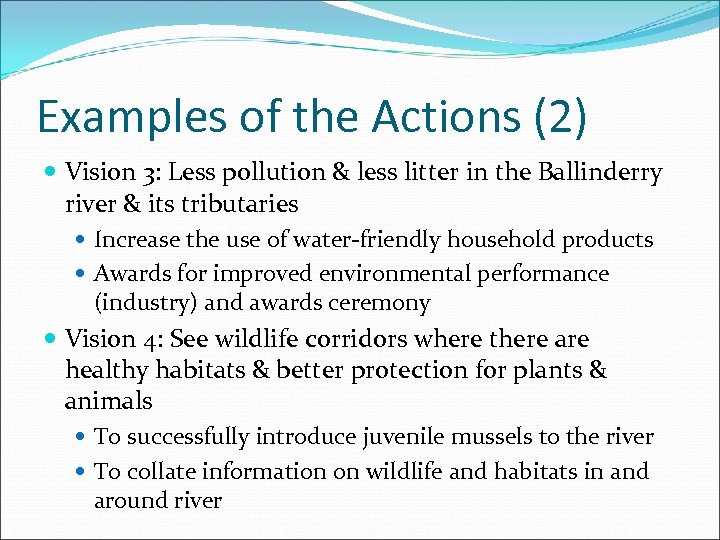 Examples of the Actions (2) Vision 3: Less pollution & less litter in the