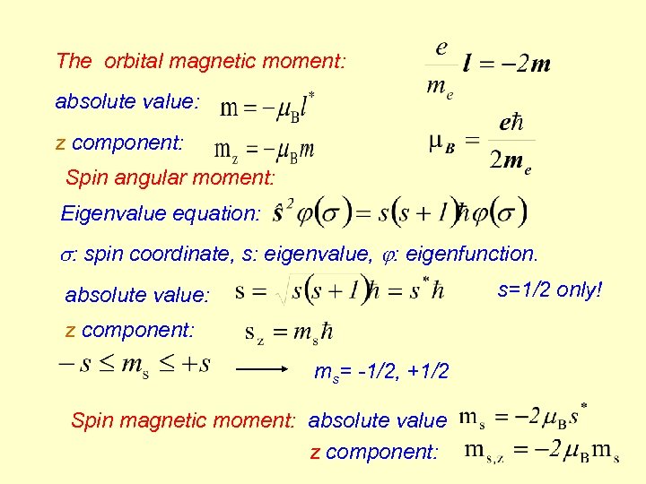 The orbital magnetic moment: absolute value: z component: Spin angular moment: Eigenvalue equation: :