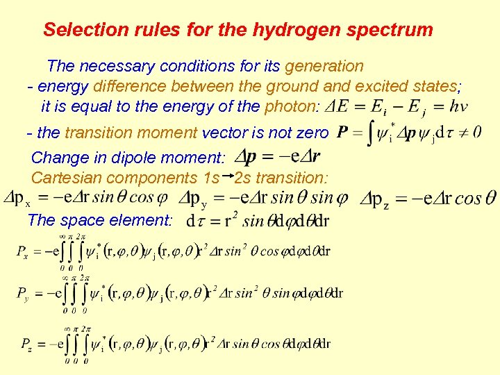 Selection rules for the hydrogen spectrum The necessary conditions for its generation - energy