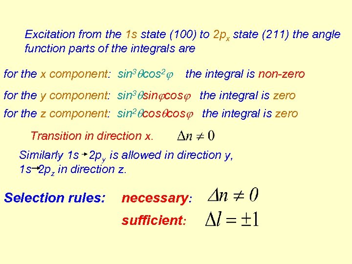 Excitation from the 1 s state (100) to 2 px state (211) the angle