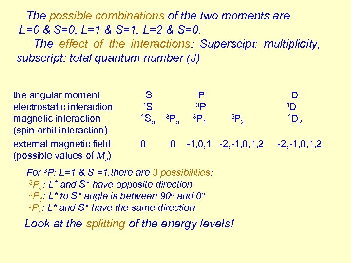The possible combinations of the two moments are L=0 & S=0, L=1 & S=1,