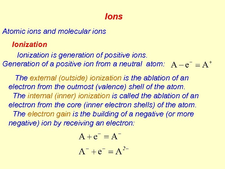 Ions Atomic ions and molecular ions Ionization is generation of positive ions. Generation of