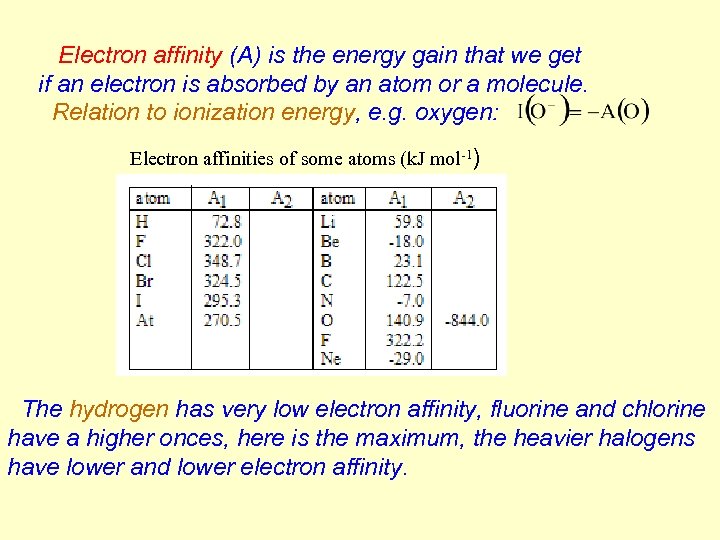 Electron affinity (A) is the energy gain that we get if an electron is