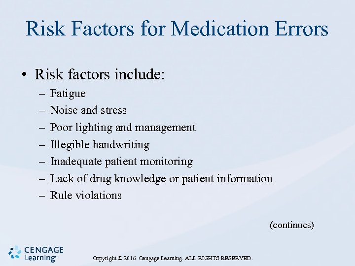 Risk Factors for Medication Errors • Risk factors include: – – – – Fatigue