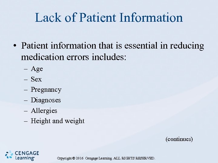 Lack of Patient Information • Patient information that is essential in reducing medication errors