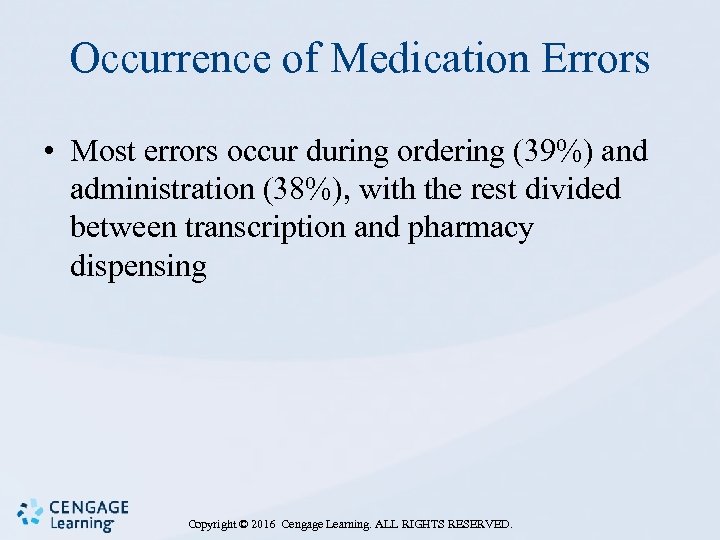 Occurrence of Medication Errors • Most errors occur during ordering (39%) and administration (38%),
