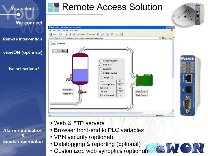 Remote Access Solution Remote intervention view. ON (optional) Live animations ! Alarm notification &