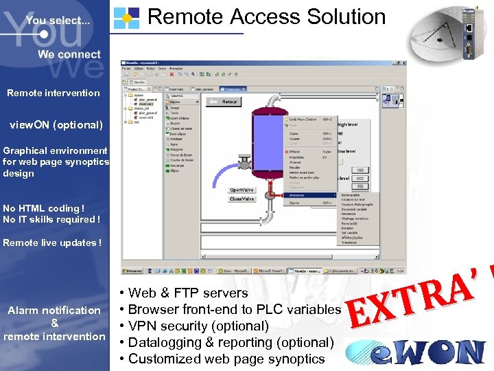 Remote Access Solution Remote intervention view. ON (optional) Graphical environment for web page synoptics