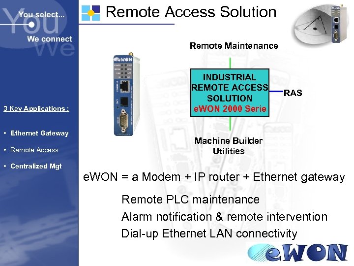 Remote Access Solution Remote Maintenance 3 Key Applications : • Ethernet Gateway • Remote