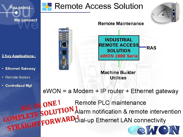 Remote Access Solution Remote Maintenance 3 Key Applications : • Ethernet Gateway • Remote