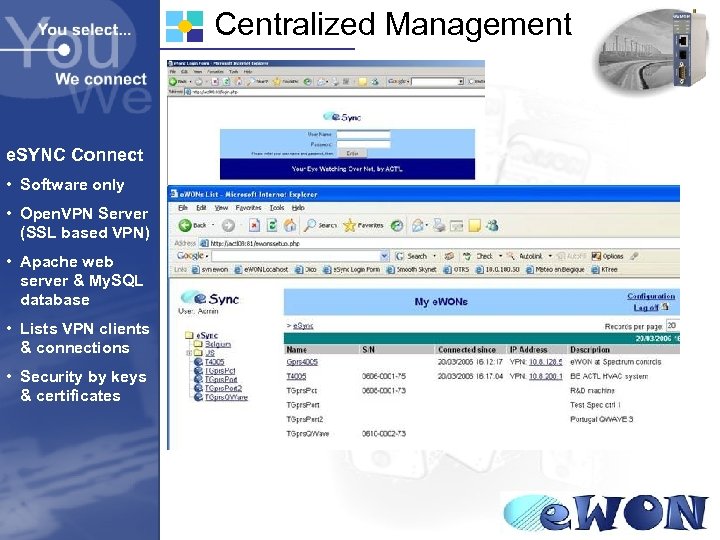 Centralized Management e. SYNC Connect • Software only • Open. VPN Server (SSL based